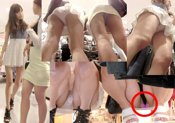 Pがずれ込んでワレメがモロ見え!おしゃれ女子2人の買い物中の無防備Wパンツたっぷ