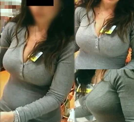 【フルHD】名札が谷間にはさまった爆乳店員!