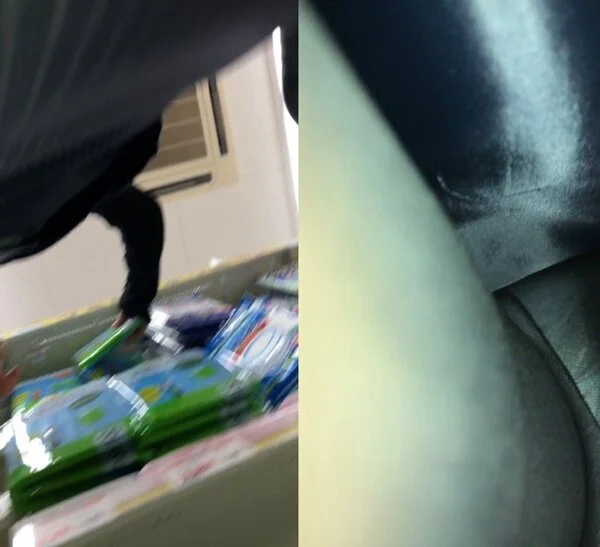 黒タイツOL 足元の商品取るふりして前からパンティ撮影&前屈み激突っ込み