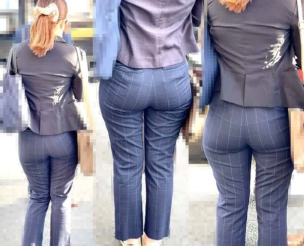 ピチピチパンツスーツ89_ムチムチお尻がエロいよ!!バス待ちするお姉さん!!