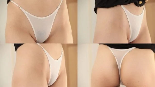 【フェチ動画】タイトなミニに股間をやさしく包み込む極薄の女子大生のシンプルパンテ