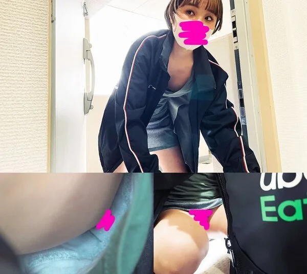 玄関開けて5秒で乳首!女性配達員さんがウバ地蔵していた時のパンチラ有り【写真特典