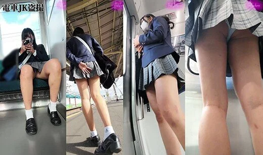 【縦型動画】電車でむっちり太腿J.Kのミニスカ覗き観察(2)対面ローアングル、ド