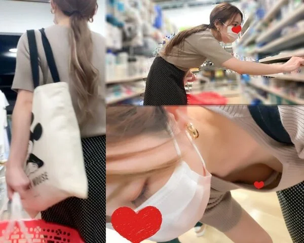 胸チラに気づかずに買い物する女の子(3人)