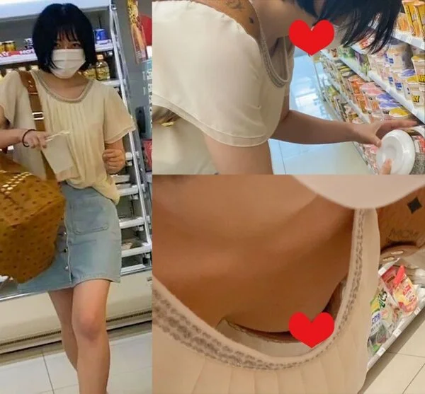 胸チラに気づかずに買い物する女の子(3人)