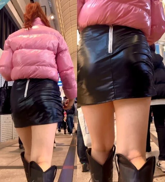 ムチムチのレザーミニスカ美女