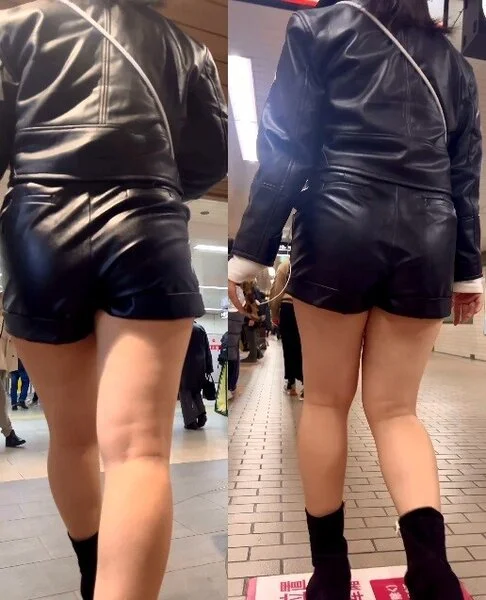 レザーショートパンツ姿で街を歩く美女⑤