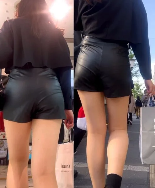 レザーショートパンツ姿で街を歩く美女⑥