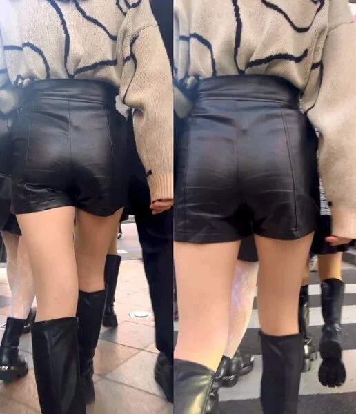 レザーショートパンツ姿で街を歩く美女⑩