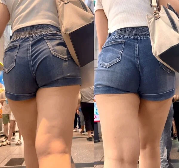 大きなお尻にムチムチした太ももが魅力なデニムショートパンツ美女
