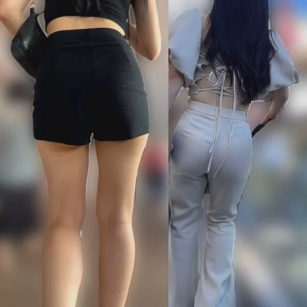 黒ショートパンツの美女とパンティラインの見える美女