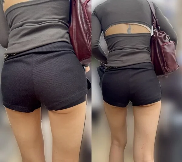 下尻がハミ出てセクシーなショートパンツ美女