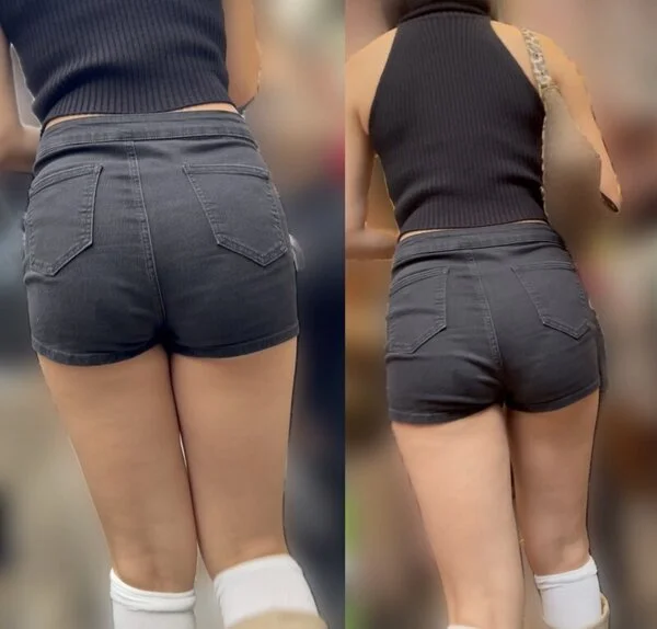 パンティラインくっきりなムチムチショートパンツ美女
