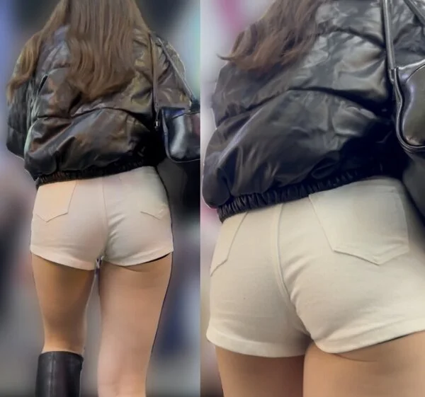 ハミ尻がセクシーな白ショートパンツ美女