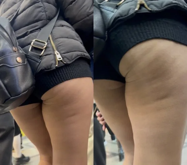 短すぎるショートパンツからお尻がこぼれ落ちてセクシーなムチムチ美女