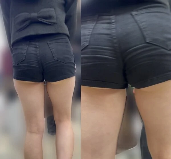 ムチムチショートパンツからはみ出たお尻がいやらしいお姉さん