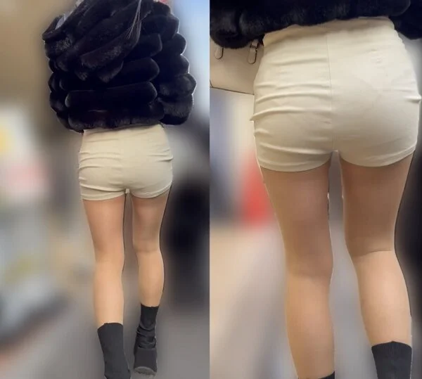 パンティラインくっきりで美脚な白ショートパンツ美女②