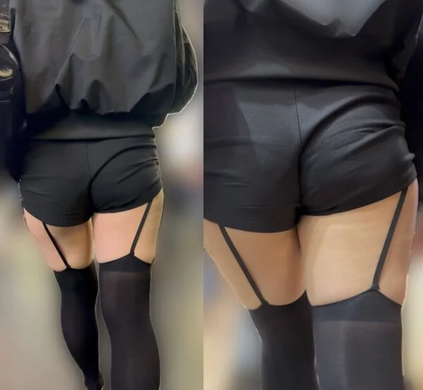 ショートパンツにガーターベルトがセクシーなお姉さん