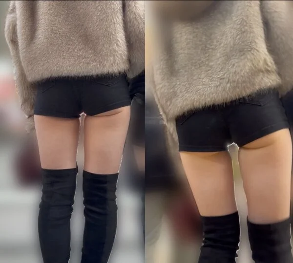 ショートパンツからハミ出た下尻がセクシーなお姉さん