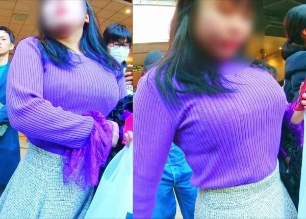 No.345巨乳ラインを目立つパープルニットでガッツリ見せつけるお嬢さんに密着取