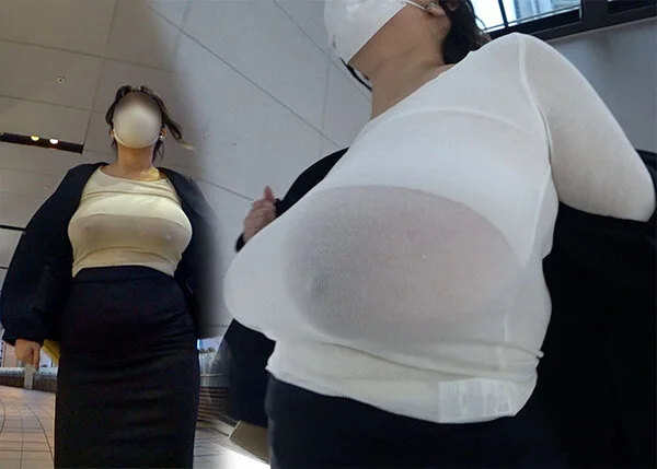 巨乳感MAX!!でっかい乳輪まる見えぇ!営業成績が悪い爆乳後輩ちゃんをノーブラで