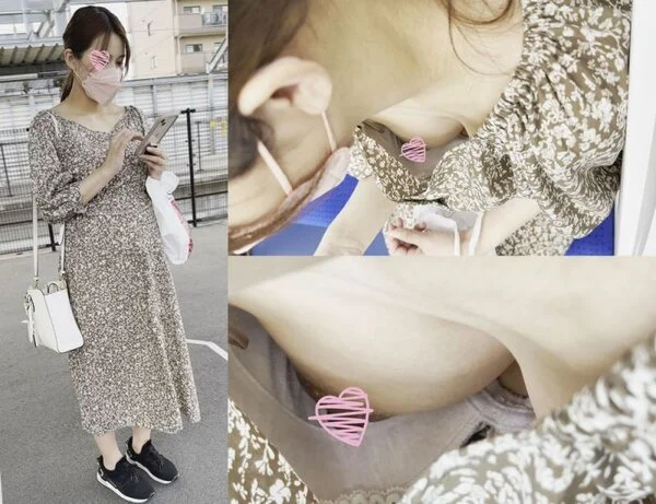 [電車胸チラ]ご懐妊した若妊婦さんが黒ずんだチクビ丸見えの状態で電車移動中!