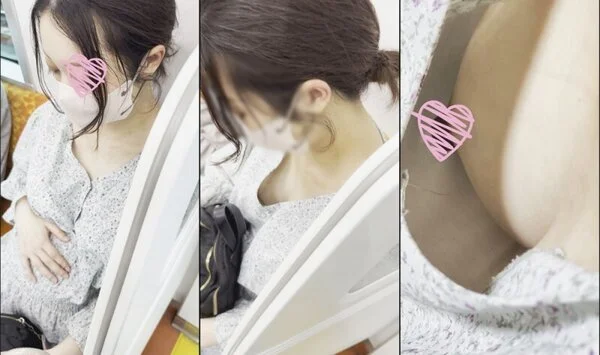 [電車胸チラ]見えた!美人妊婦さんのパンパンに膨らんだおっぱい&乳首![■■■■