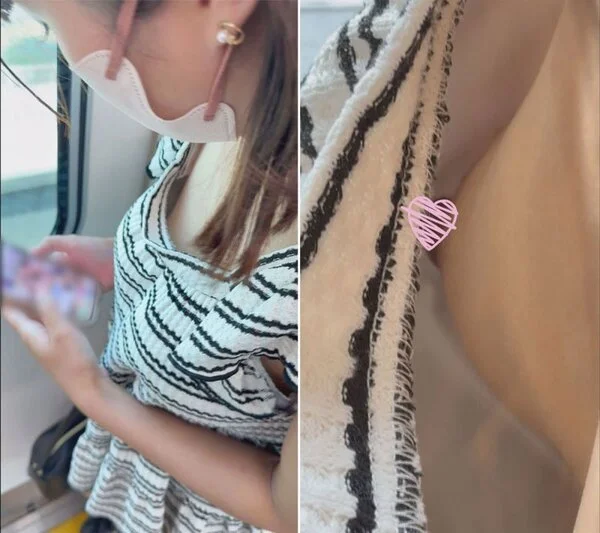 [電車胸チラ]K-POPアイドルのような露出多めの服を着たZ世代さん、おっぱいの