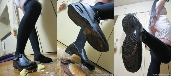 ニーハイ美女が愛用の革靴でフードクラッシュ!(生卵、シュークリーム、etc…)
