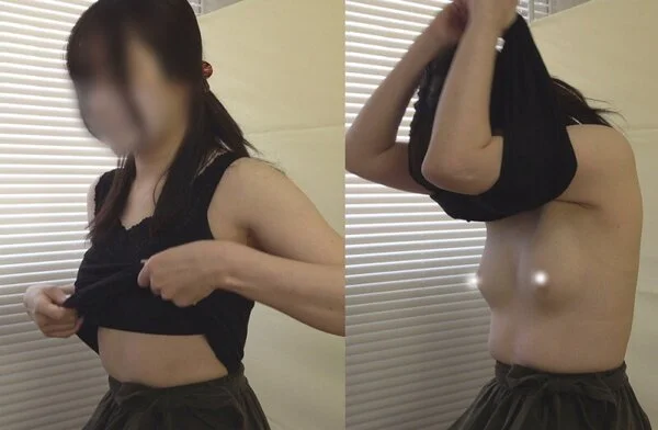 【一般外来】ノーブラ来院 既にコリッコリ乳首!おっぱいを触ると照れ笑いするご近所