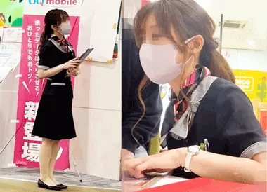 01某携帯ショップの店員さん・・パンスト越しの鮮やかパンティーと胸ちらいただきま