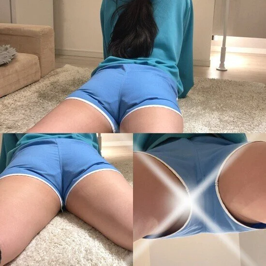 部屋着の短パンでストレッチ中の姉をじっくり観察 良く見ると短パンに染みが…【家庭
